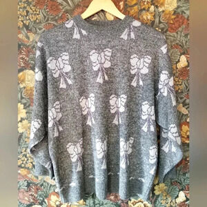 Vintage 90s Gray Sweater Knit With White Bow Pattern Medium Coquette Grunge